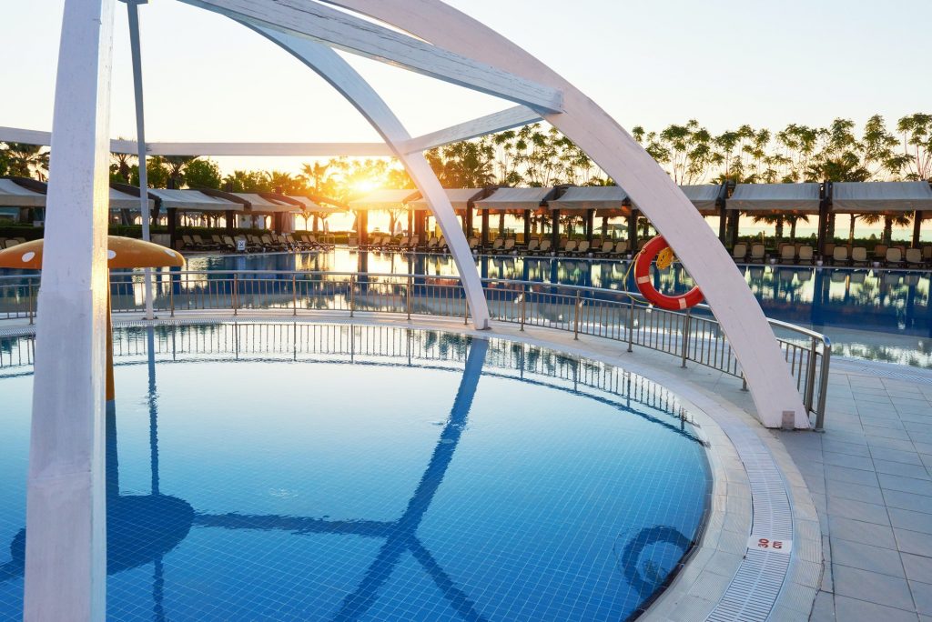 Type entertainment complex. The popular resort with pools and water parks in Turkey. Luxury Hotel